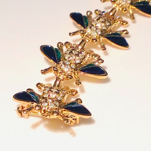 7-Bee Strand 6" Double Pin PAVE CRYSTAL BEE BROOCH Enameled Gold Plate Bees - Picture 2 of 7